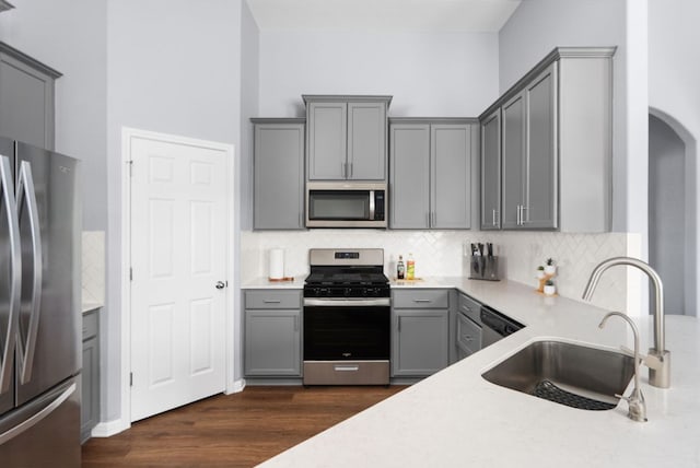 143 Dogvane Cir, Kyle, TX 78640 - kitchen featuring stainless steel appliances, gray cabinetry, a sink, and decorative backsplash