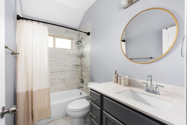 143 Dogvane Cir, Kyle, TX 78640 - bathroom featuring lofted ceiling, toilet, vanity, and shower / tub combo