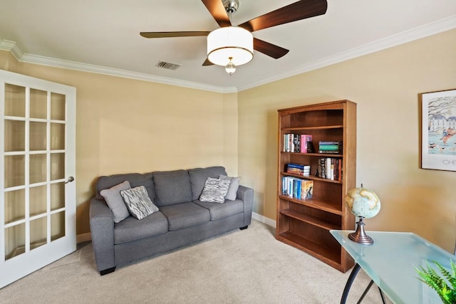 3701 Clendenin Ct, Austin, TX 78732 - living room featuring crown molding, carpet floors, ceiling fan, and baseboards