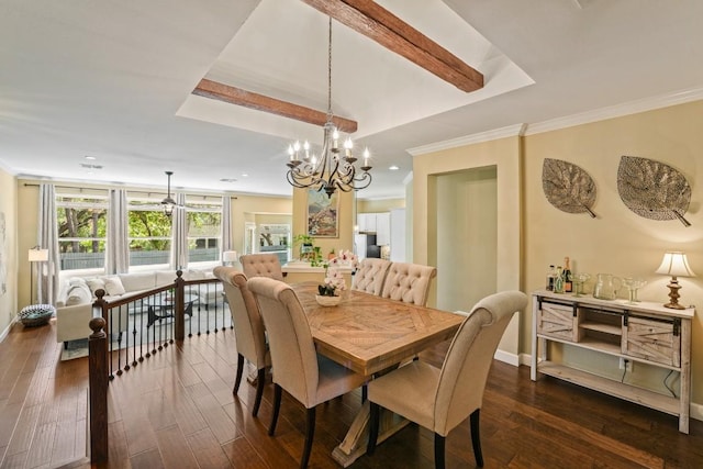 3701 Clendenin Ct, Austin, TX 78732 - dining space with a chandelier, dark wood-style flooring, baseboards, ornamental molding, and recessed lighting