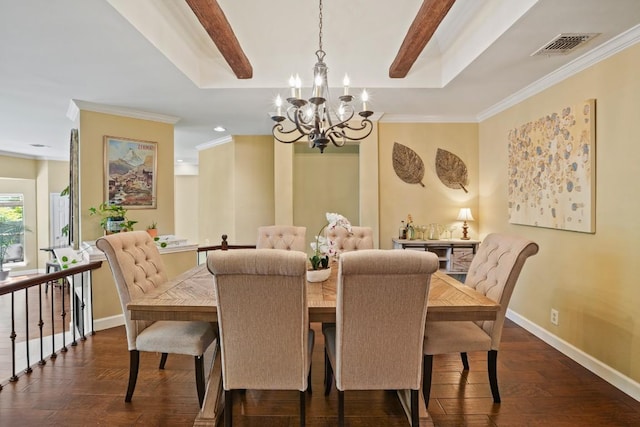 3701 Clendenin Ct, Austin, TX 78732 - dining space with ornamental molding, a chandelier, baseboards, and dark wood-style floors