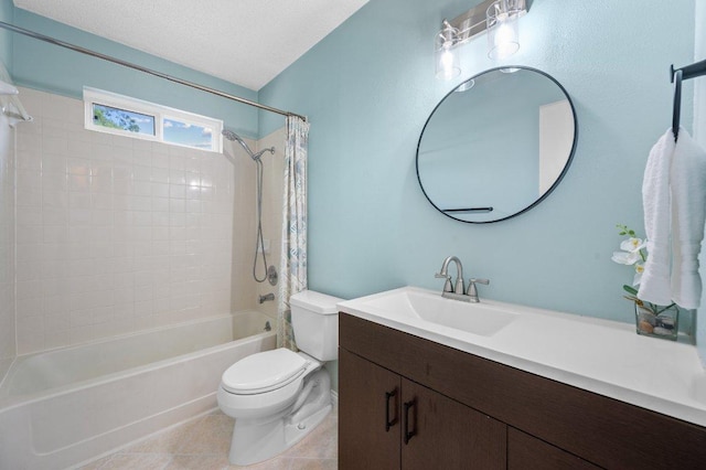 13018 Garfield Ln, Austin, TX 78727 - full bath with toilet, shower / bath combination with curtain, vanity, tile patterned floors, and a textured ceiling