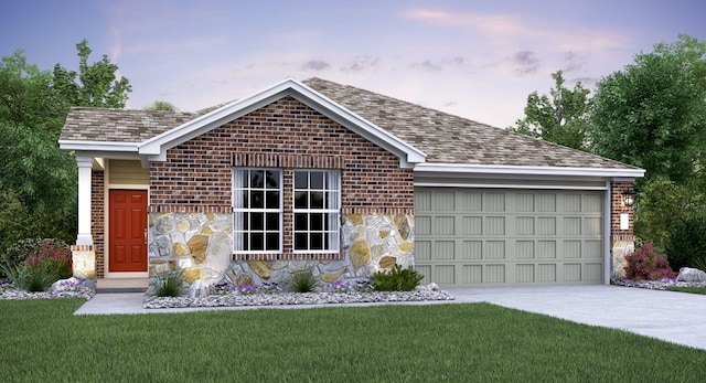 ranch-style home with stone siding, a garage, concrete driveway, brick siding, and a front lawn