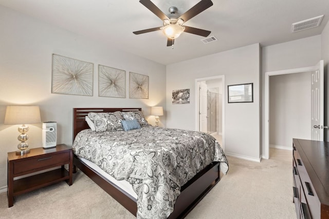 537 Appalachian Trl, Leander, TX 78641 - bedroom featuring light colored carpet, baseboards, ceiling fan, and connected bathroom