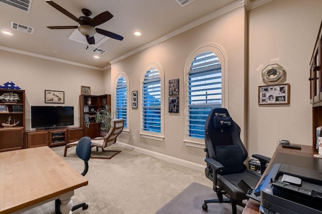 2516 Arion Cir, Austin, TX 78730 - office area with carpet flooring, a ceiling fan, crown molding, recessed lighting, and baseboards