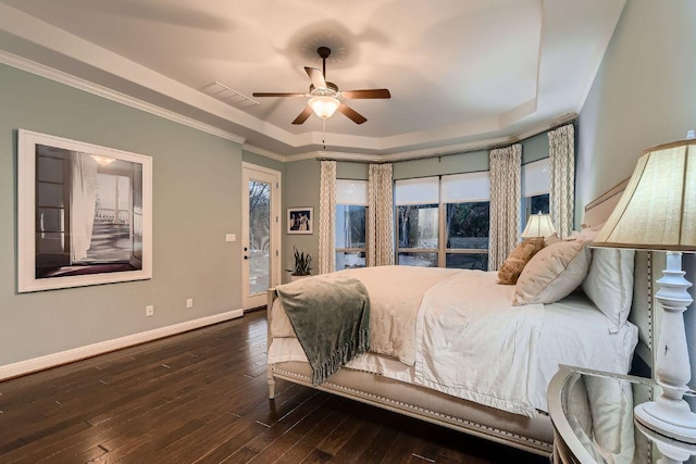 2516 Arion Cir, Austin, TX 78730 - bedroom featuring a raised ceiling, baseboards, access to exterior, dark wood finished floors, and ceiling fan
