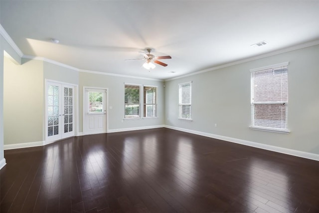 111 Bear Creek Ln, Georgetown, TX 78633 - spare room with a ceiling fan, baseboards, dark wood finished floors, and crown molding