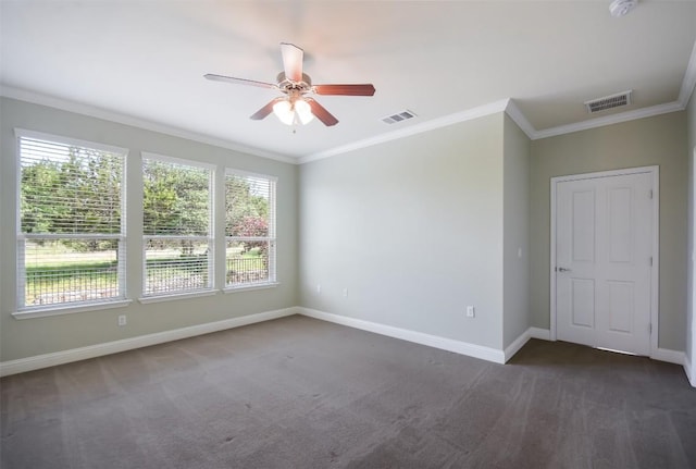 111 Bear Creek Ln, Georgetown, TX 78633 - empty room with carpet flooring, healthy amount of natural light, a ceiling fan, ornamental molding, and baseboards