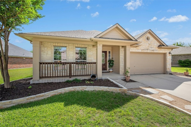 ranch-style home with stone siding, a porch, concrete driveway, and a garage