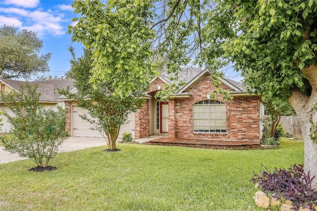obstructed view of property featuring an attached garage, brick siding, driveway, and a shingled roof