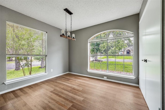 spare room featuring healthy amount of natural light, wood finished floors, a textured ceiling, and baseboards