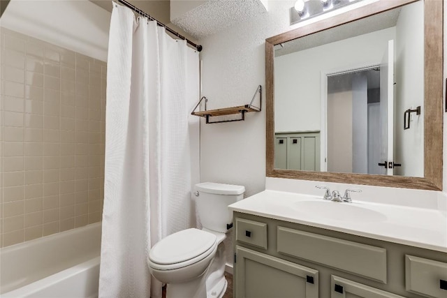 full bathroom with toilet, vanity, and shower / tub combo with curtain