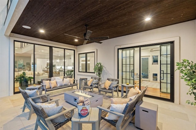 908 Cypress Grove Dr, Austin, TX 78732 - view of patio featuring an outdoor living space with a fire pit, french doors, and a ceiling fan