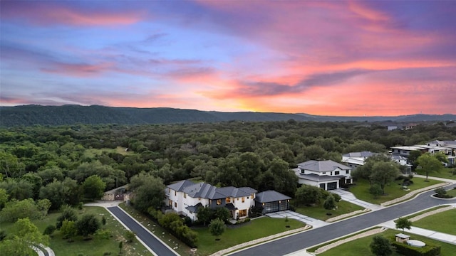 aerial view at dusk of a view of trees and a mountain view