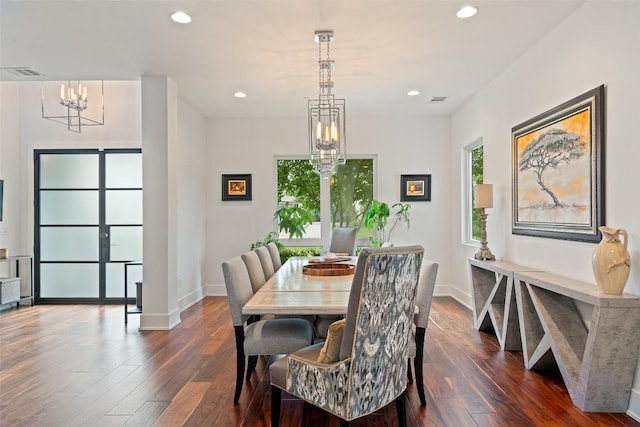 908 Cypress Grove Dr, Austin, TX 78732 - dining room featuring a chandelier, dark wood finished floors, plenty of natural light, and recessed lighting