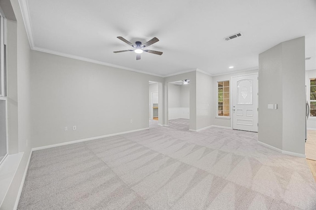 258 Whispering Wind Dr, Georgetown, TX 78633 - unfurnished bedroom featuring carpet floors, ornamental molding, baseboards, ensuite bathroom, and a ceiling fan