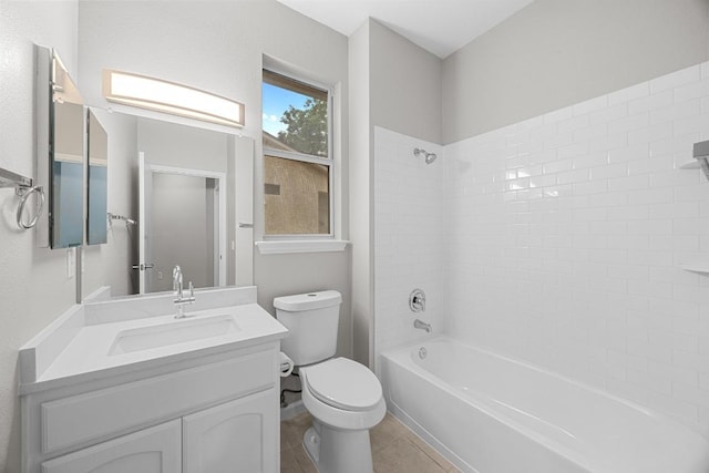 258 Whispering Wind Dr, Georgetown, TX 78633 - bathroom featuring toilet, vanity,  shower combination, and tile patterned floors