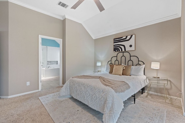 9013 Lantana Way, Austin, TX 78749 - carpeted bedroom featuring ornamental molding, baseboards, vaulted ceiling, ceiling fan, and ensuite bathroom