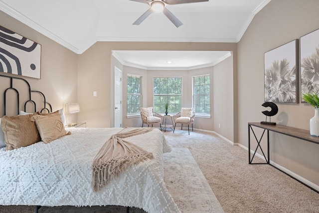 9013 Lantana Way, Austin, TX 78749 - carpeted bedroom with ornamental molding, baseboards, ceiling fan, and lofted ceiling