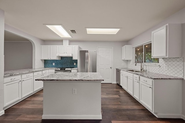 7516 Marble Crest Dr, Austin, TX 78747 - kitchen featuring stainless steel appliances, under cabinet range hood, tasteful backsplash, a sink, and a kitchen island
