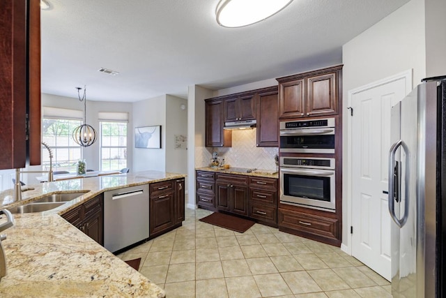 2113 Spring Hollow Path, Round Rock, TX 78681 - kitchen with appliances with stainless steel finishes, a sink, tasteful backsplash, under cabinet range hood, and light stone countertops
