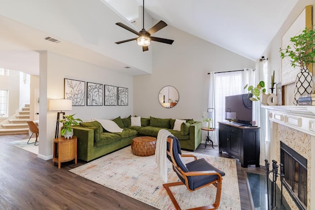 2113 Spring Hollow Path, Round Rock, TX 78681 - living area featuring a ceiling fan, high vaulted ceiling, plenty of natural light, and dark wood finished floors