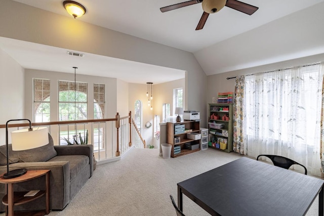 2113 Spring Hollow Path, Round Rock, TX 78681 - carpeted living area with ceiling fan and vaulted ceiling
