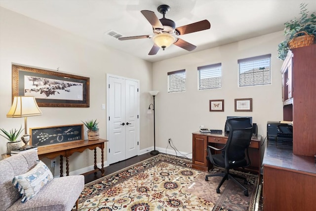 4332 Teravista Club Dr Unit 69, Round Rock, TX 78665 - office area featuring ceiling fan, baseboards, and wood finished floors