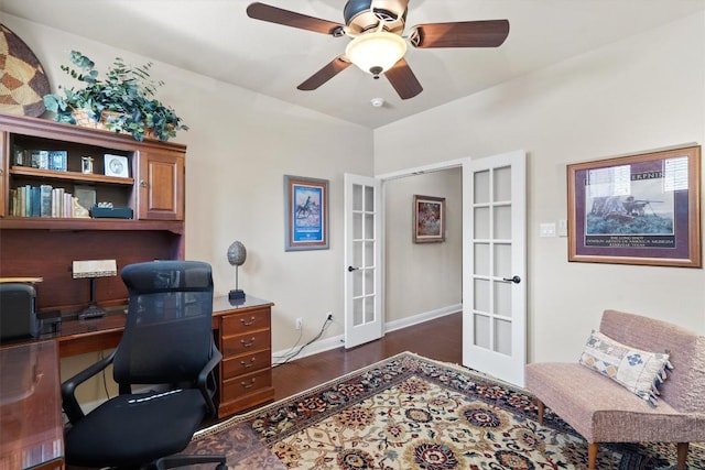 4332 Teravista Club Dr Unit 69, Round Rock, TX 78665 - office featuring french doors, dark wood-style flooring, baseboards, and ceiling fan