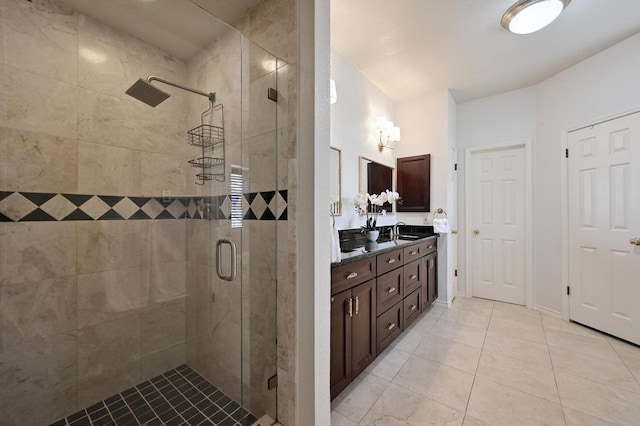 10902 Medfield Ct, Austin, TX 78739 - full bathroom featuring a stall shower, tile patterned flooring, and vanity