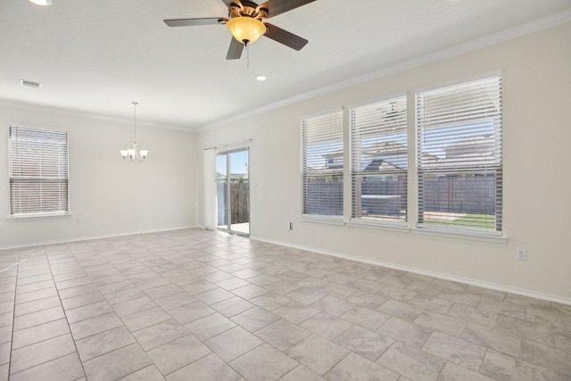 212 Mauldin St, Georgetown, TX 78628 - spare room featuring ornamental molding, a chandelier, plenty of natural light, ceiling fan, and baseboards
