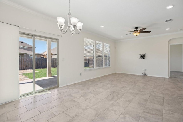 212 Mauldin St, Georgetown, TX 78628 - unfurnished room featuring healthy amount of natural light, ornamental molding, recessed lighting, a ceiling fan, and a chandelier