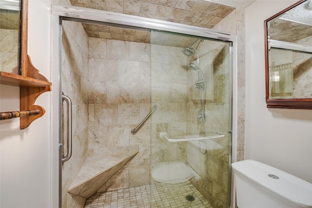 bathroom featuring a stall shower and toilet