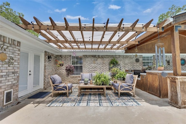 240 2 Mile Ln, Smithville, TX 78957 - view of patio with an outdoor living space, a pergola, and french doors