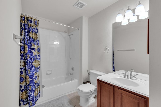 bathroom featuring toilet, vanity, shower / bath combo, and tile patterned flooring