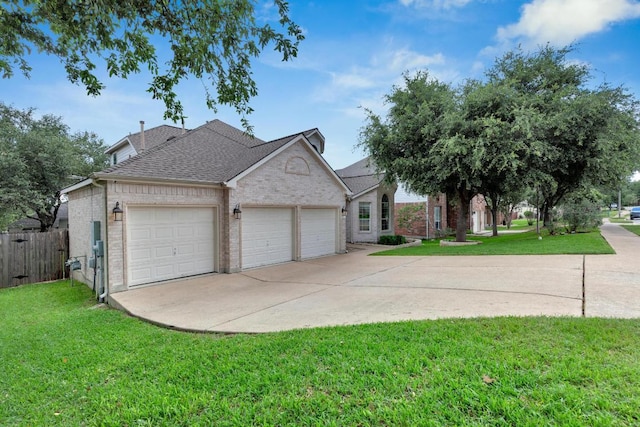 view of property exterior with brick siding, an attached garage, roof with shingles, and concrete driveway