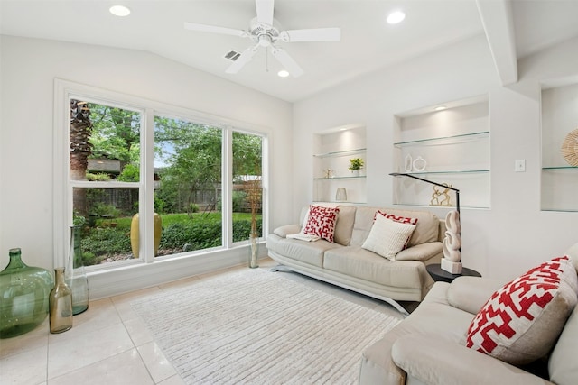 3000 Greenlawn Pkwy, Austin, TX 78757 - living area with recessed lighting, ceiling fan, tile patterned floors, and lofted ceiling