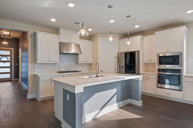 159 Nodena Dr, Dripping Springs, TX 78620 - kitchen featuring stainless steel appliances, a sink, under cabinet range hood, dark wood-style flooring, and decorative backsplash