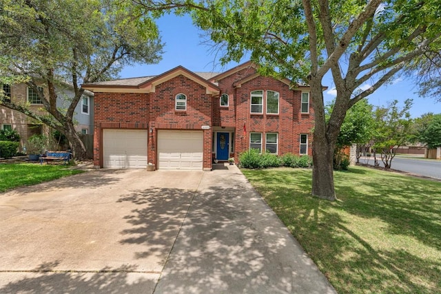 traditional-style home featuring a front lawn, driveway, a garage, and brick siding