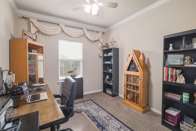 office space with a ceiling fan, crown molding, carpet, and baseboards