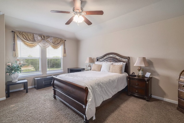 carpeted bedroom with baseboards and ceiling fan