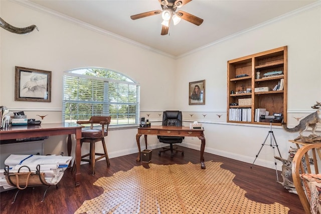 17270 Fm 112, Thrall, TX 76578 - home office featuring ornamental molding, wood finished floors, and a ceiling fan