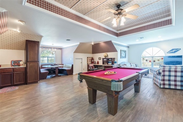 17270 Fm 112, Thrall, TX 76578 - playroom with a tray ceiling, light wood-style floors, ornamental molding, a chandelier, and pool table