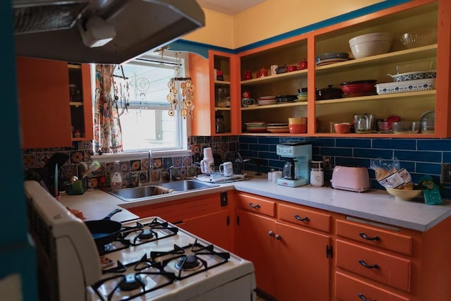 1305 Larkspur Rd, Austin, TX 78758 - kitchen featuring ventilation hood, a sink, decorative backsplash, and gas range gas stove