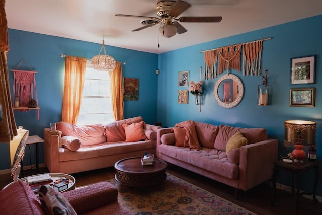 1305 Larkspur Rd, Austin, TX 78758 - living area featuring a ceiling fan and wood finished floors