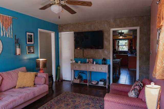 1305 Larkspur Rd, Austin, TX 78758 - living room featuring ceiling fan and wood finished floors