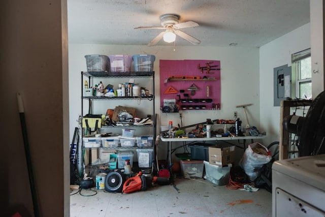1305 Larkspur Rd, Austin, TX 78758 - storage room featuring electric panel and ceiling fan