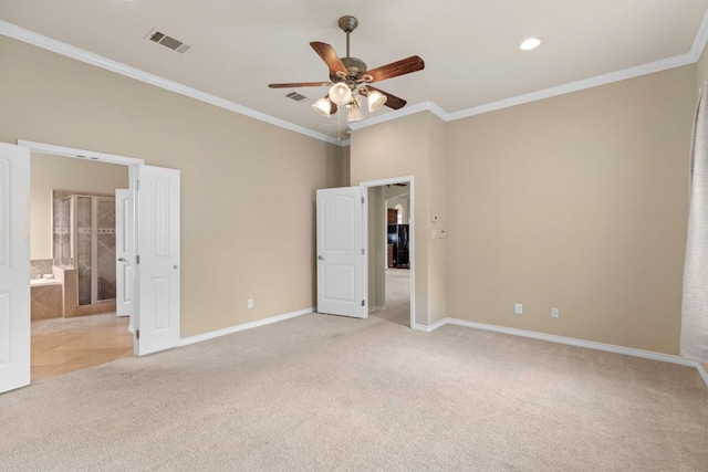 15105 General Williamson Dr, Austin, TX 78734 - unfurnished bedroom with light colored carpet, ornamental molding, ensuite bathroom, and a ceiling fan