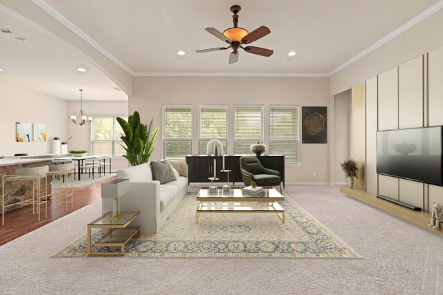 15105 General Williamson Dr, Austin, TX 78734 - living room featuring ceiling fan, crown molding, recessed lighting, a chandelier, and light carpet