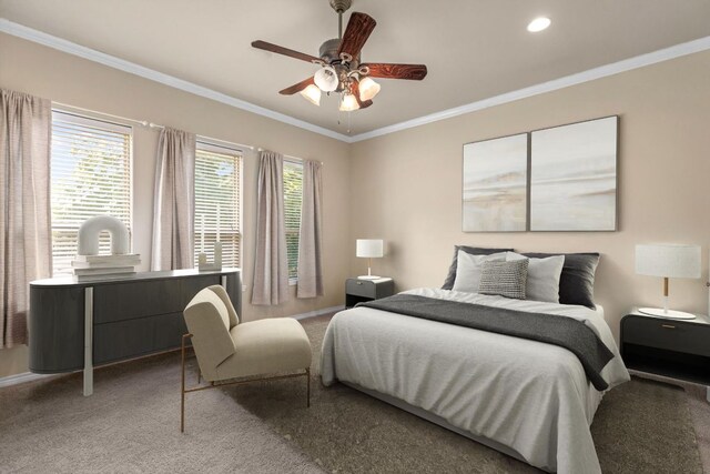 15105 General Williamson Dr, Austin, TX 78734 - bedroom featuring light carpet, ornamental molding, ceiling fan, and recessed lighting